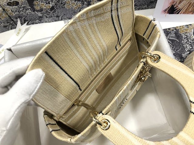 Dior女包 迪奧Lady D-Lite五格刺繡條紋杏色戴妃包 Dior手提肩背斜挎包  dfk1838